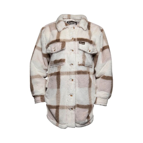 DIXXON Flannel Womens Dusty Rose Cream Brown Pink Long Sherpa Fleece Shacket - Picture 6 of 6